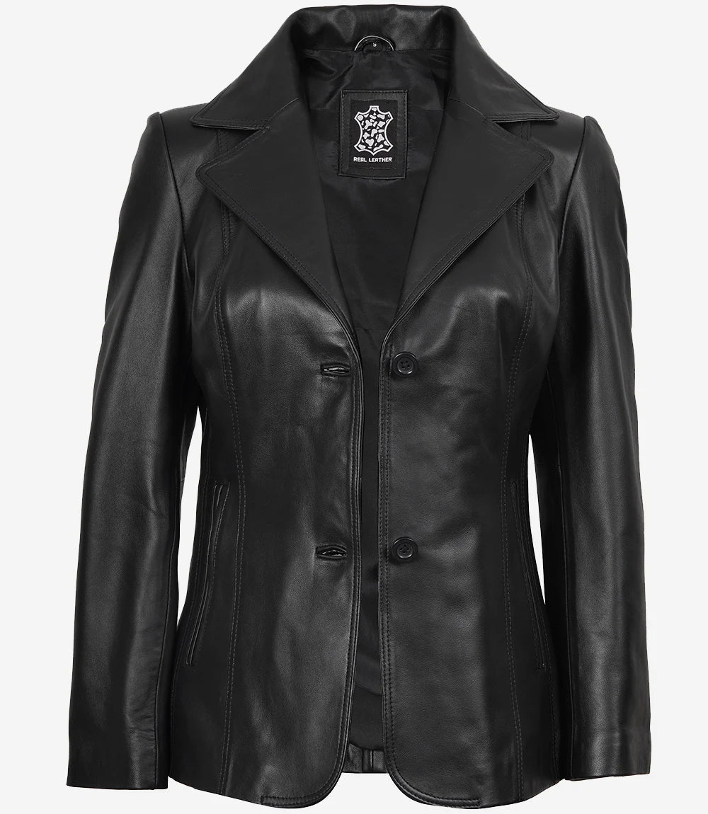 Womens Two Button Black Premium Leather Blazer